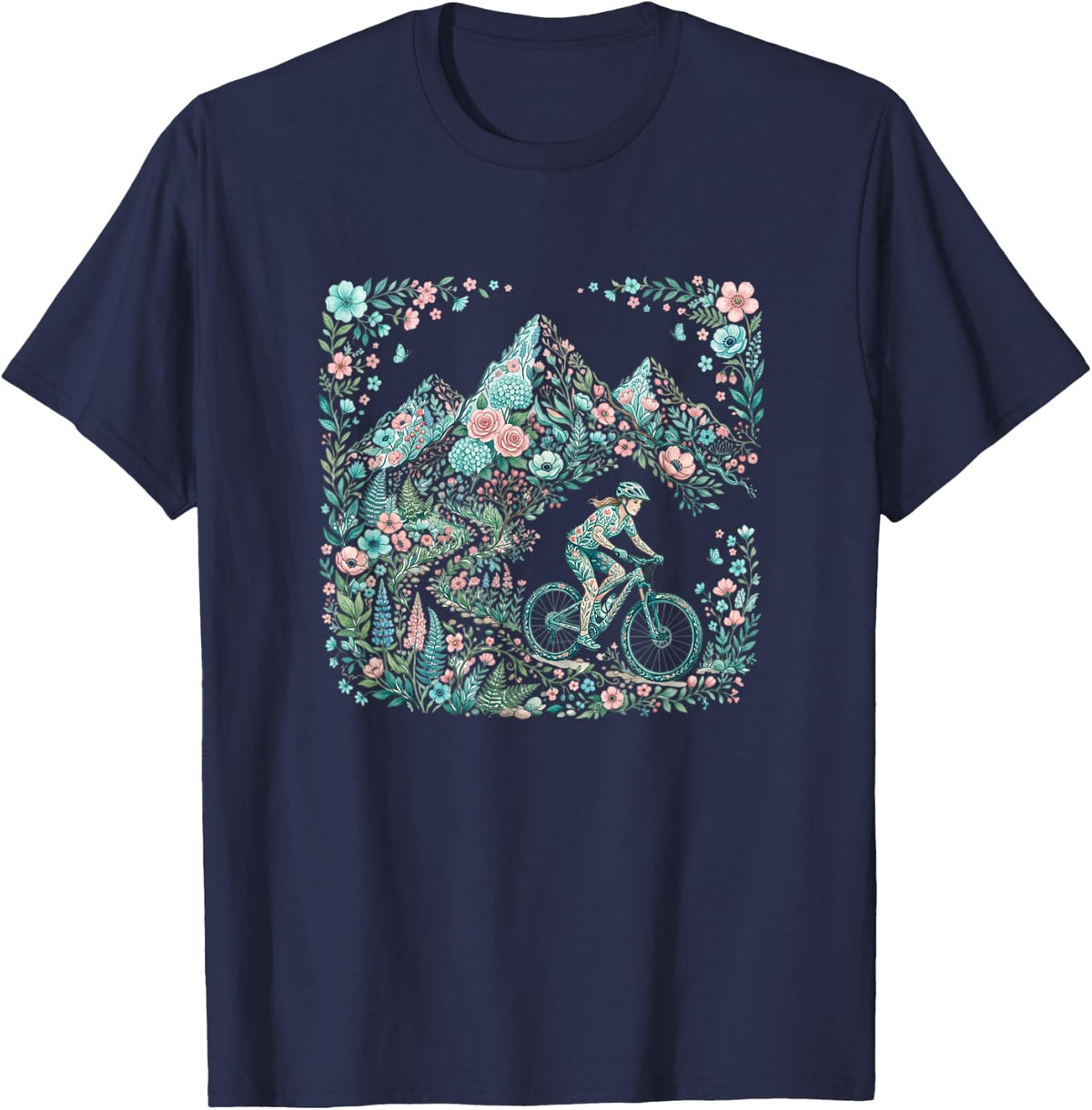 Pastel Mountain Bike Floral Trail Cycling T-Shirt - Navy Blue