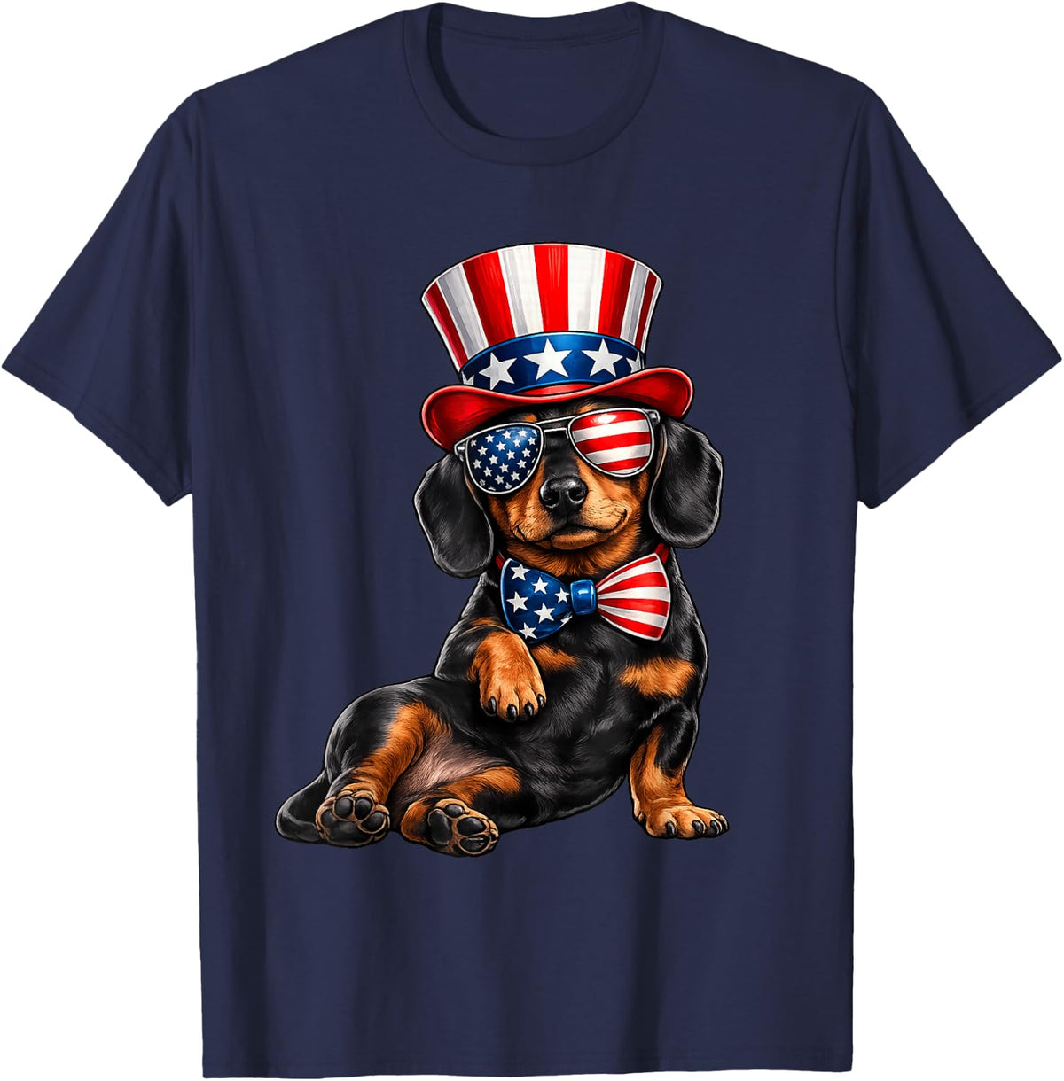 Patriotic Dachshund American Flag USA 4th of July Dachshund T-Shirt - Navy Blue