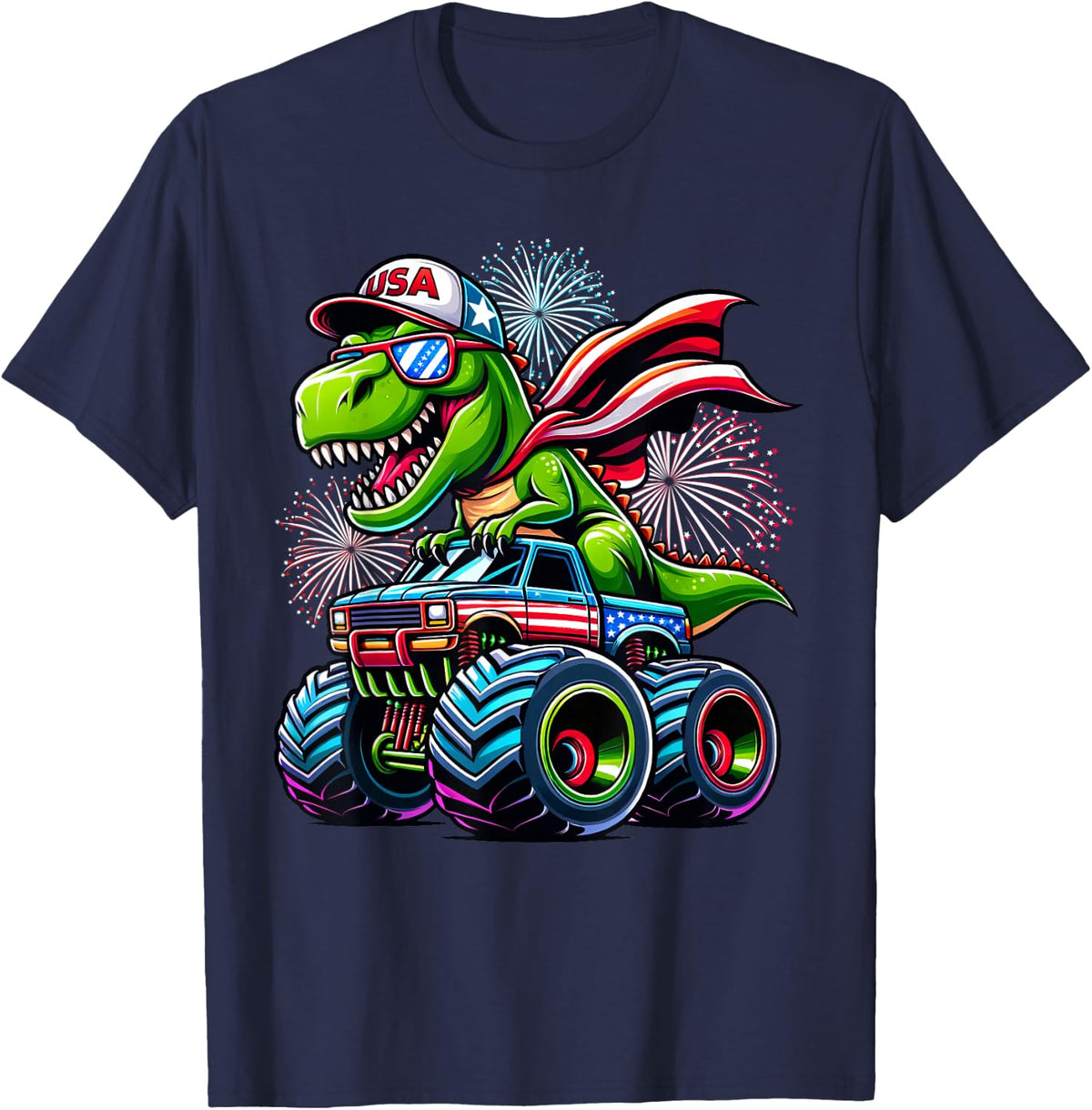 Dinosaur T rex 4th July Monster Truck American USA Flag T-Shirt - Navy Blue