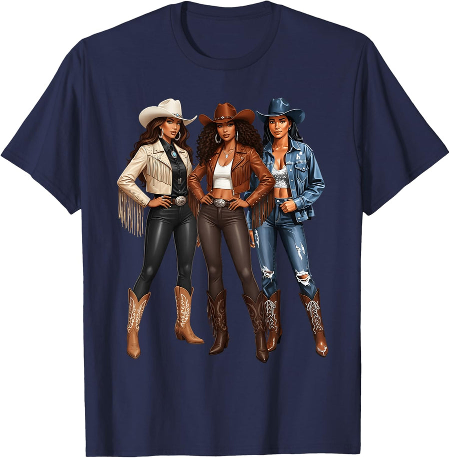 African American Black Cowgirl Western Country Texas Rodeo T-Shirt - Navy Blue