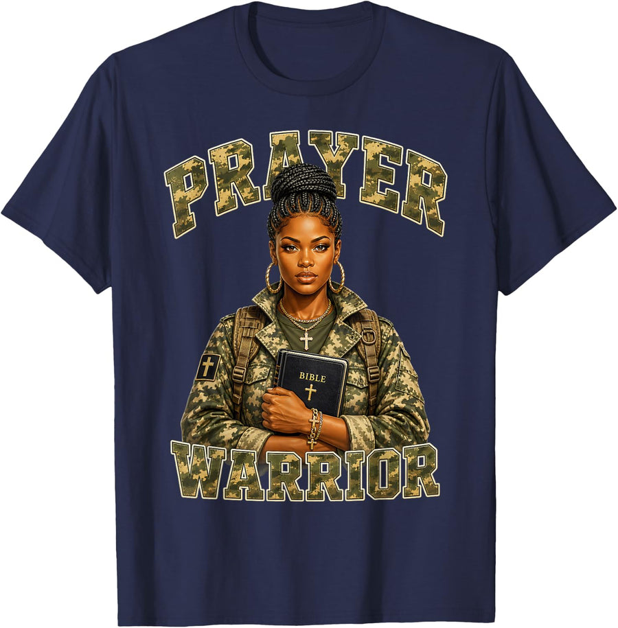 Afro Christian Praying Black Woman Sayings Prayer Warrior T-Shirt - Navy Blue