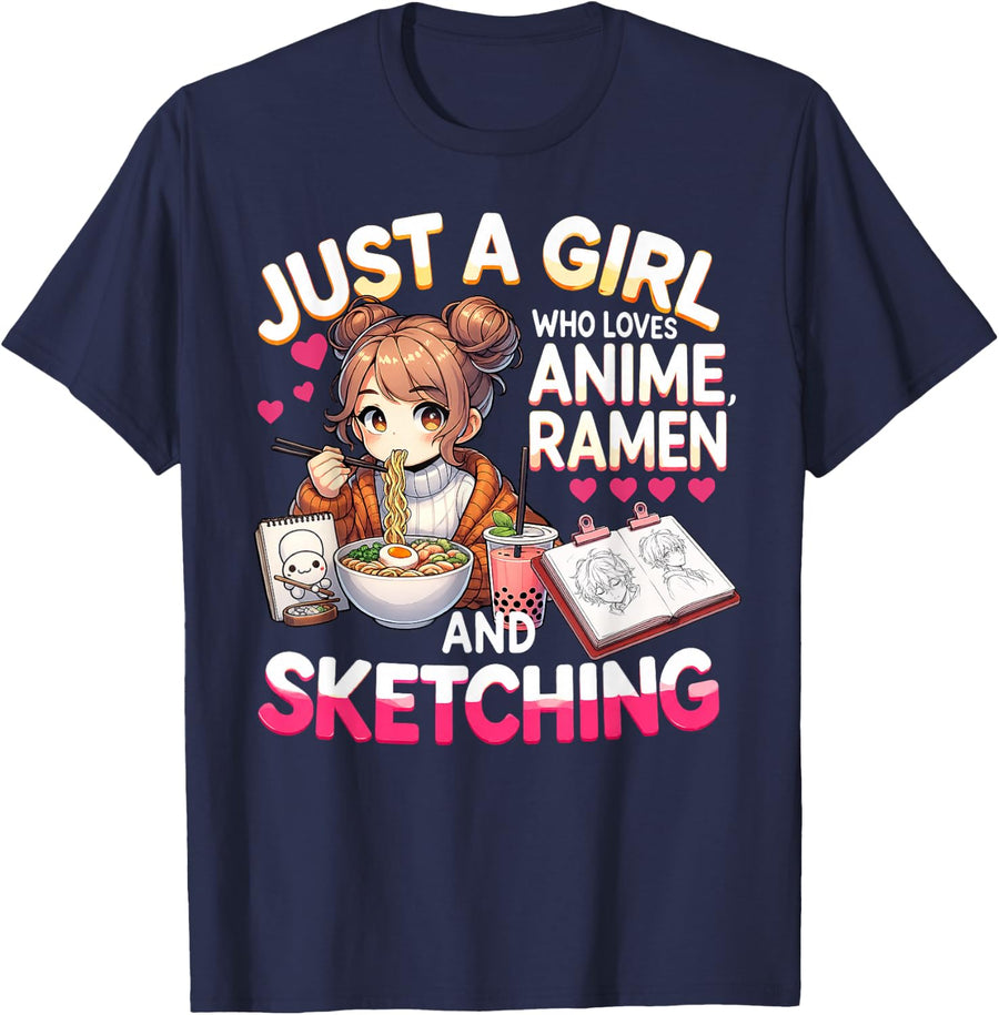 Just A Girl Who Loves Anime Ramen and Sketching Teen Girls T-Shirt - Navy Blue