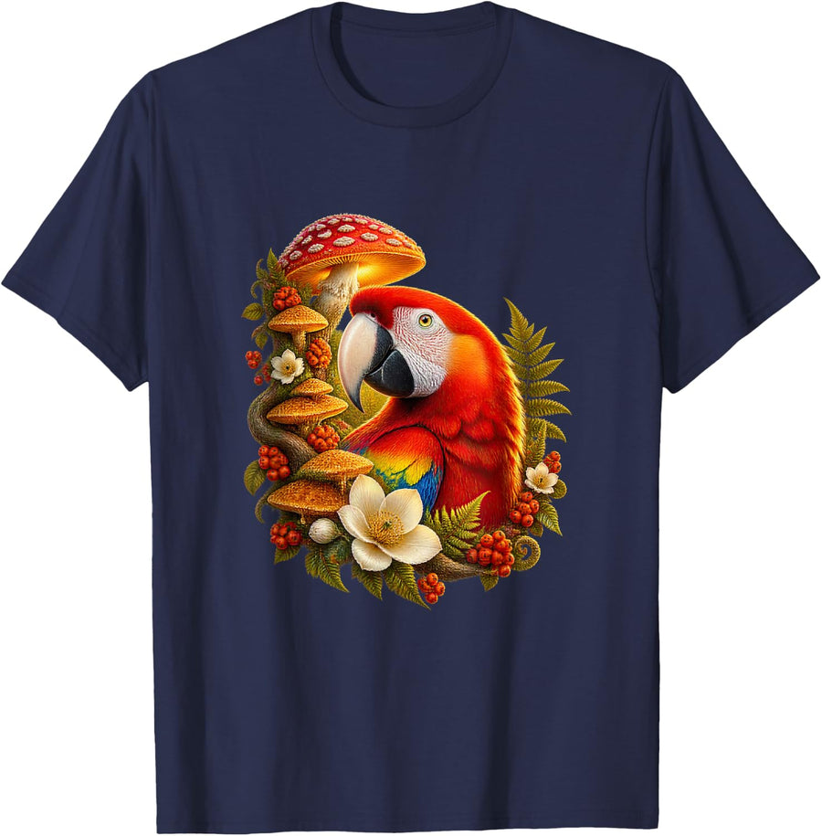 Scarlet Macaw in a Woodland Garden T-Shirt - Navy Blue