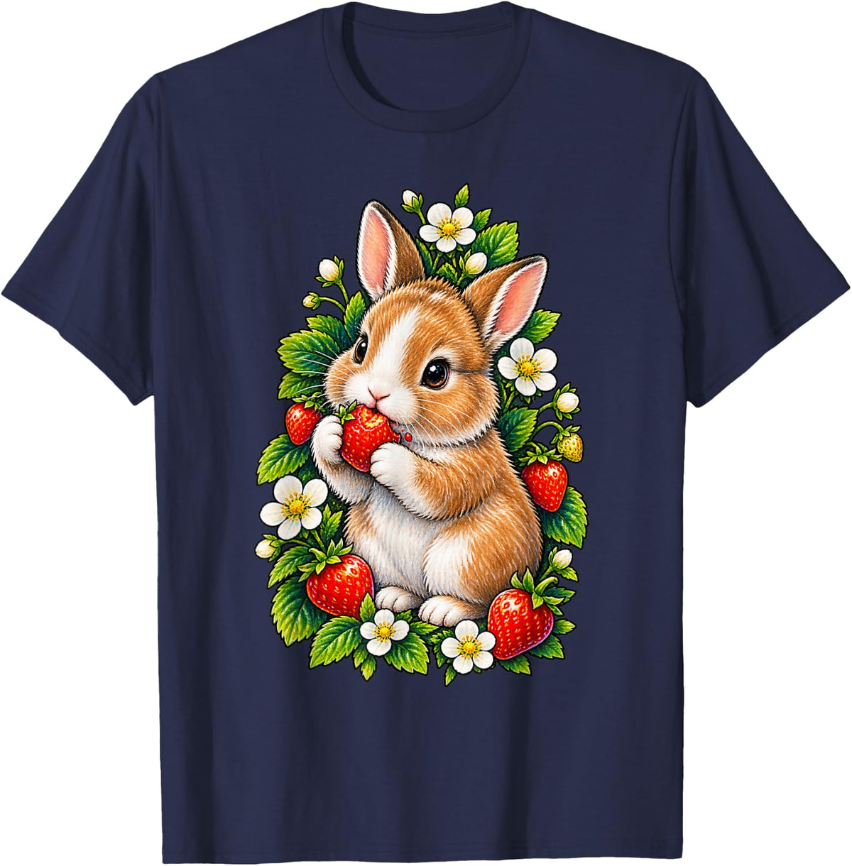 Rabbit with Strawberry and Blossoms T-Shirt - Navy Blue