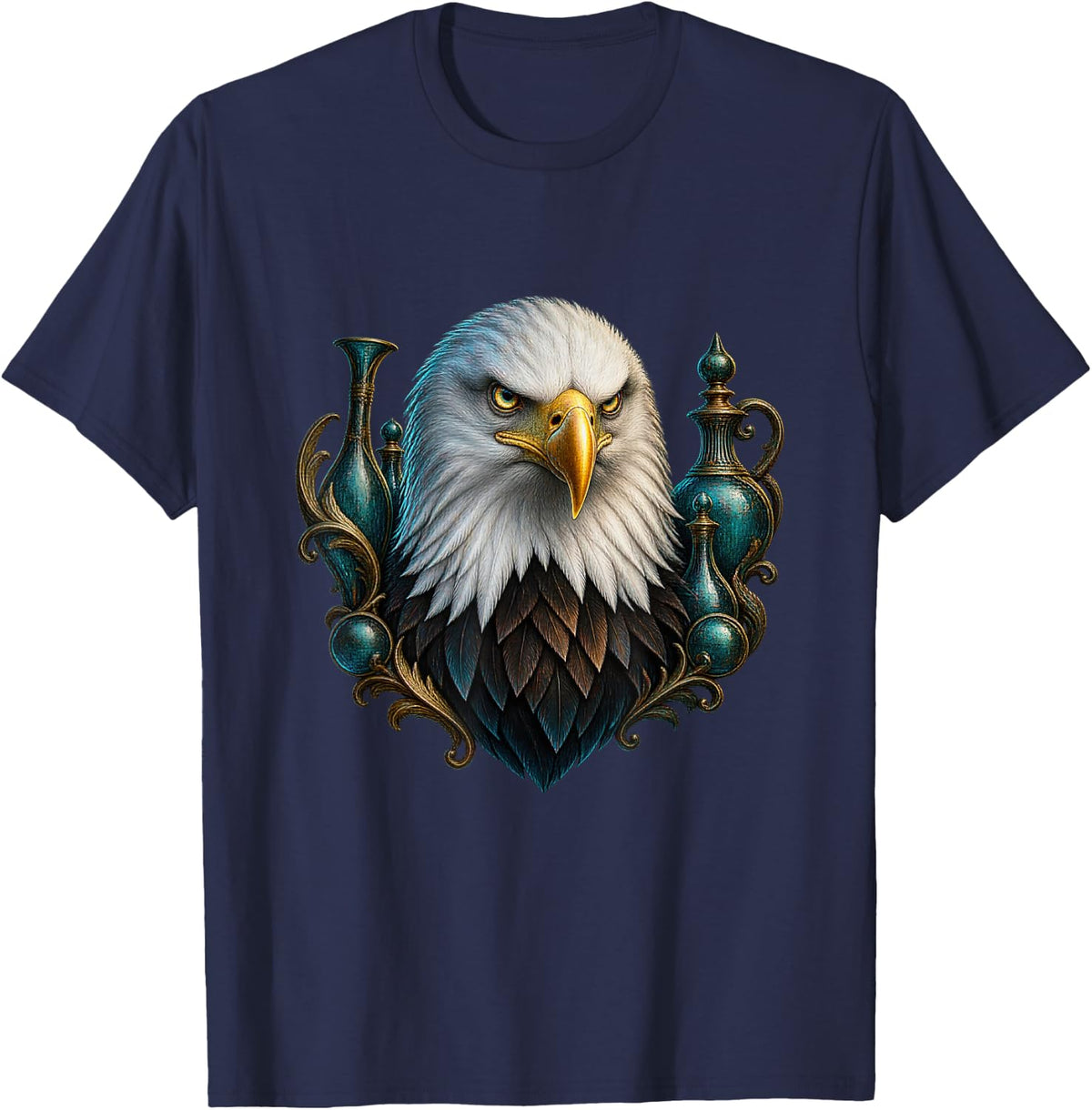 Bald Eagle with Teal Curved Orbs T-Shirt - Navy Blue