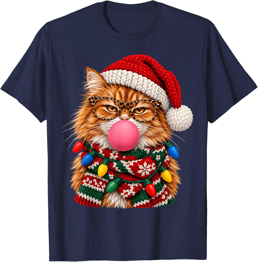 Fun Christmas Tabby Cat with Bubblegum Festive Kitten Xmas T-Shirt - Navy Blue
