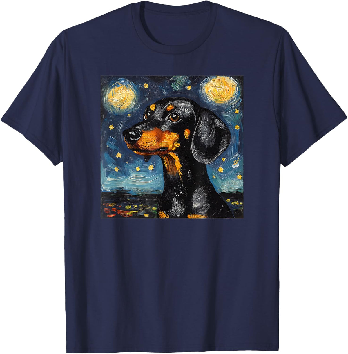 Cute Black and Tan Dachshund Starry Night Dog Art T-Shirt Tee for Dog Lovers - Navy Blue