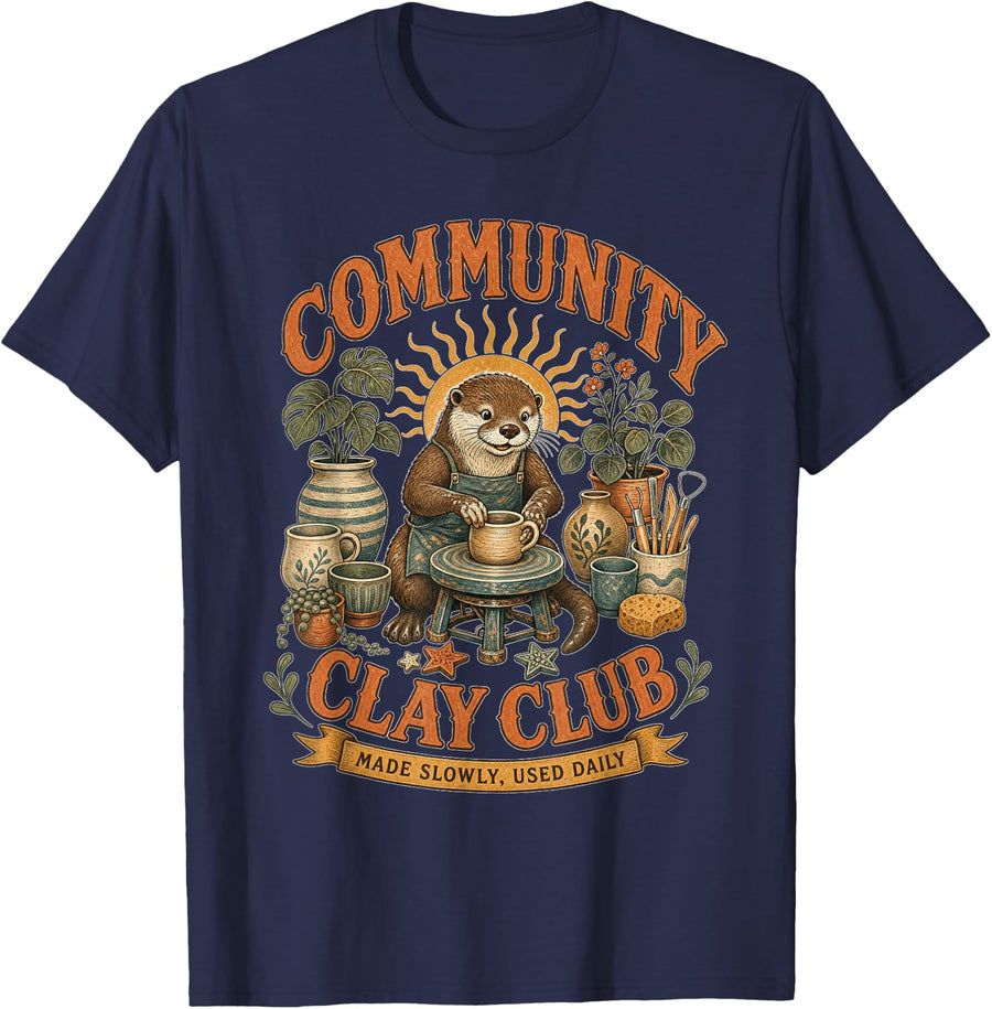 Vintage Otter Pottery Artist Graphic T-Shirt - Navy Blue