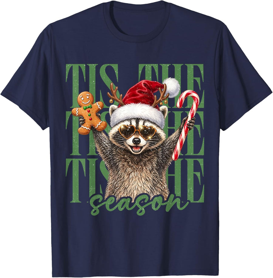 Tis The Season Viral Raccoon Christmas Holiday Men Women Kid T-Shirt - Navy Blue