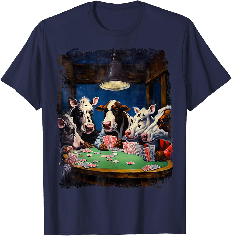 Funny Cow Farm Animal Playing Poker T-Shirt - Navy Blue