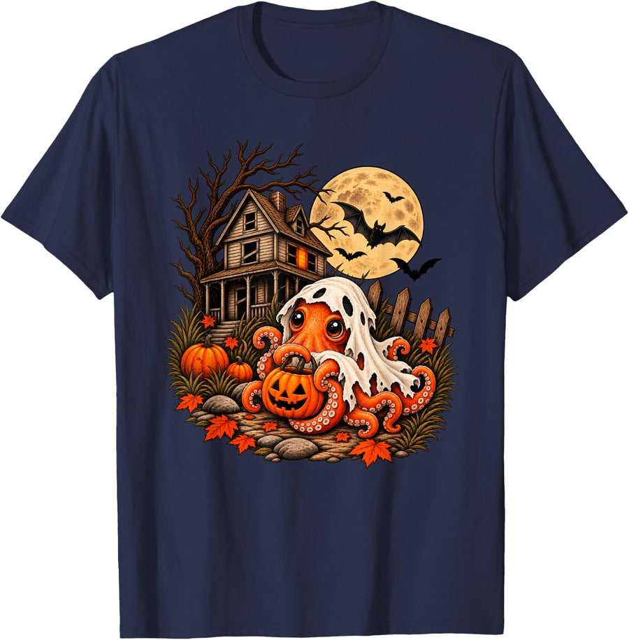 Vintage Halloween Octopus Funny T-Shirt - Navy Blue