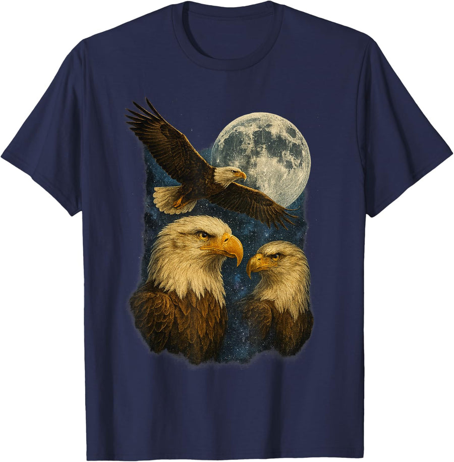 Three Bald Eagle Moon American Bird Lover Wildlife T-Shirt - Navy Blue