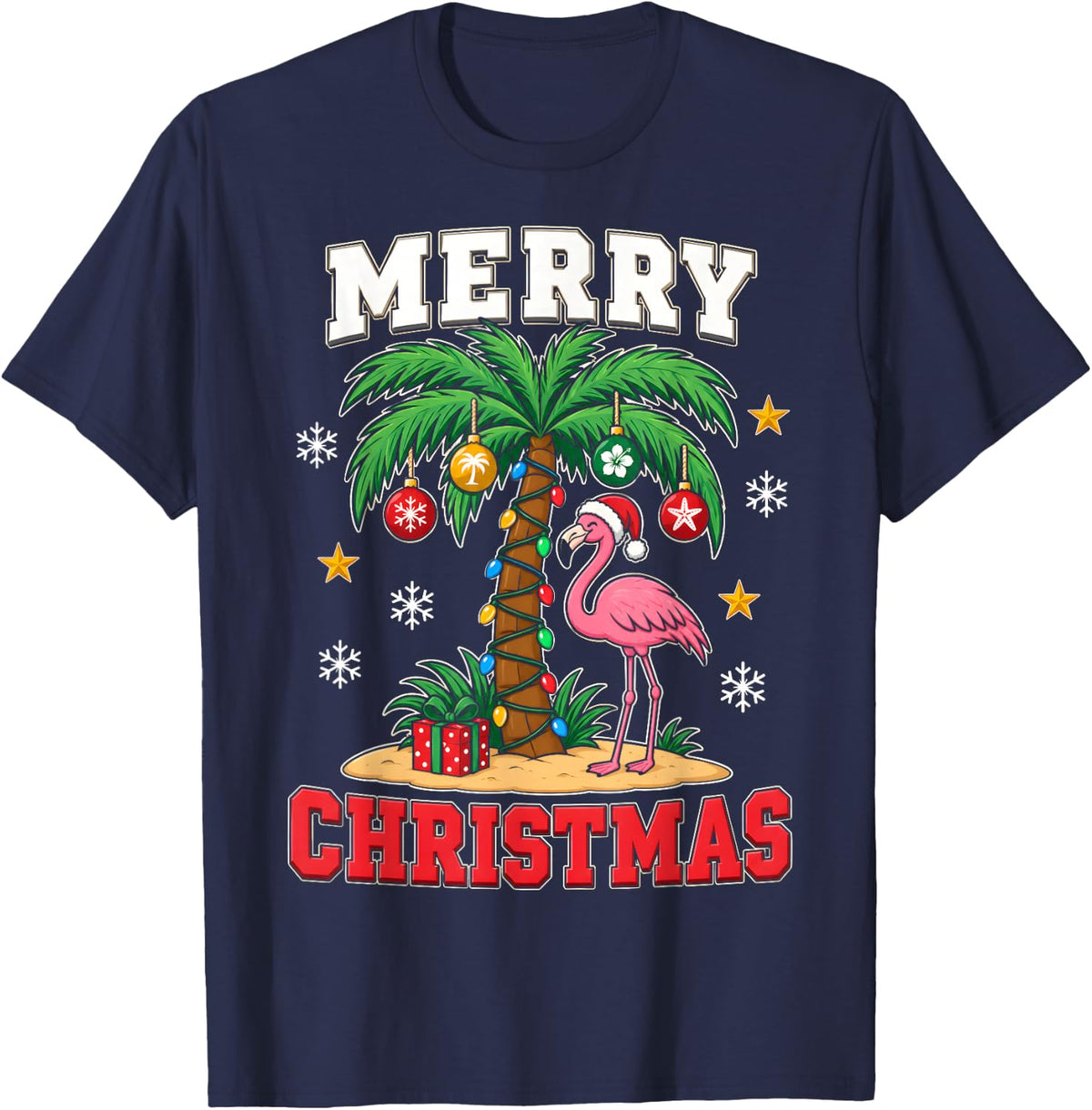 Merry Flamingo Christmas Shirt Tropical Palm Tree Holiday T-Shirt - Navy Blue