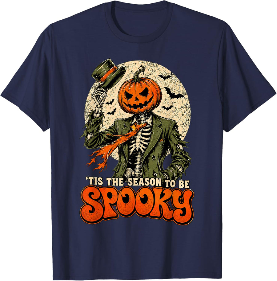 Halloween Pumpkin Head Skeleton Spooky Season Men Women Kids T-Shirt - Navy Blue