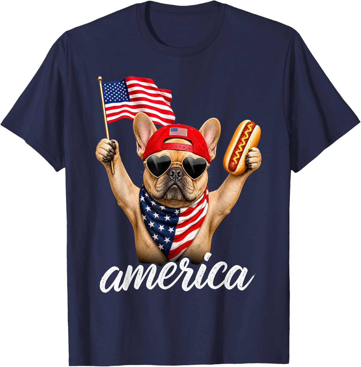 USA America French Bulldog Hot Dog 1776-2026 4th of July T-Shirt - Navy Blue