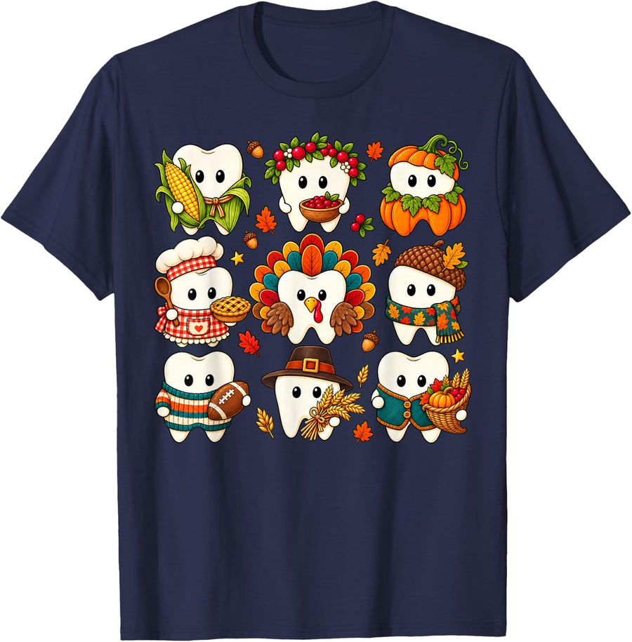 Dental Teeth Turkey Pumpkin Autumn Doctor Thanksgiving Nurse T-Shirt - Navy Blue