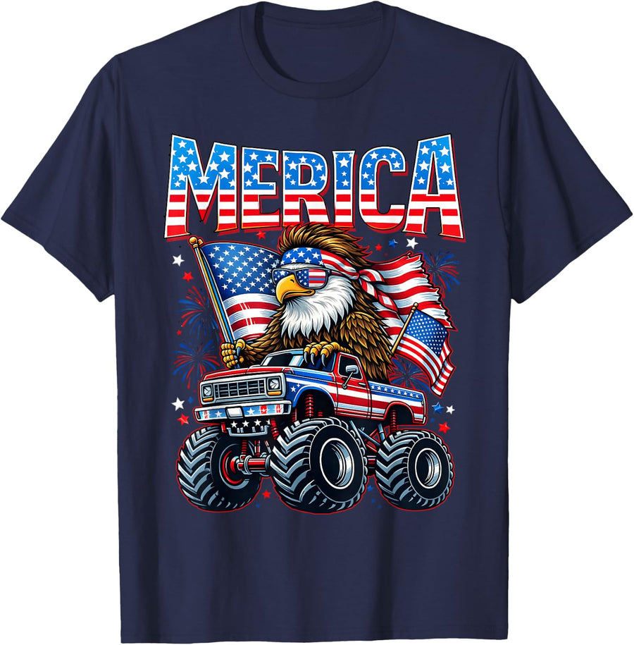 4th of July Merica Eagle Monster Truck Patriotic Men Boy Kid T-Shirt - Navy Blue
