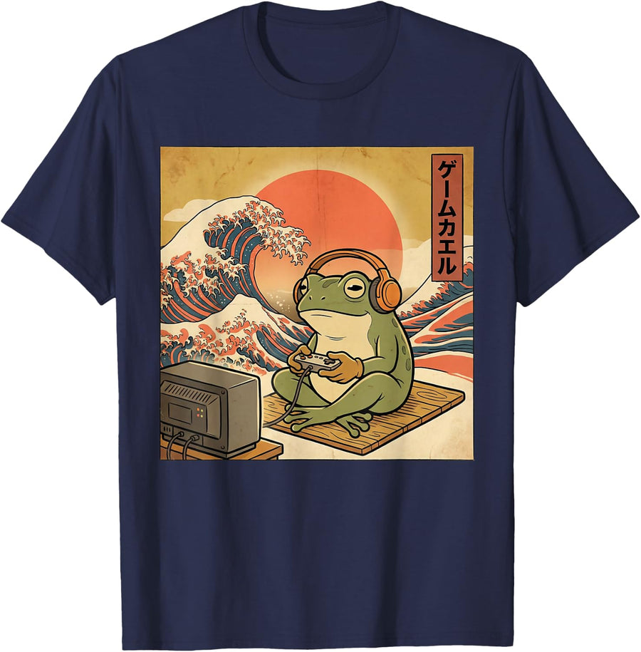 Gaming Frog Art Ukiyo-e Japanese Gamer Anime Men Women Boys T-Shirt - Navy Blue