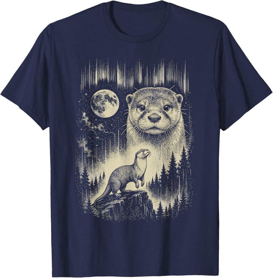 Majestic River Otter Full Moon Forest Nature Wildlife Animal T-Shirt - Navy Blue