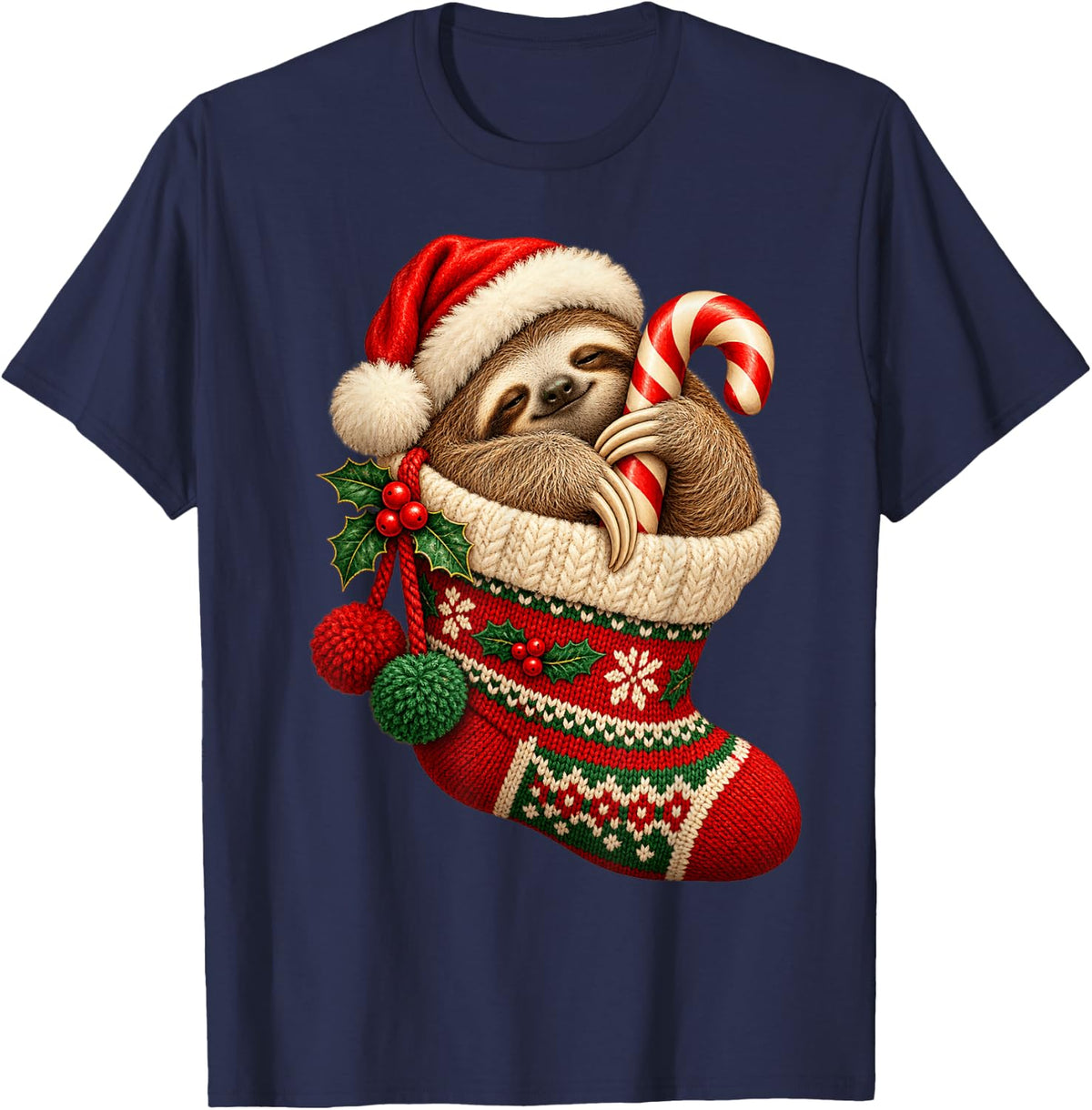 Cute Christmas Sloth in Stocking Santa Hat Candy Cane T-Shirt - Navy Blue