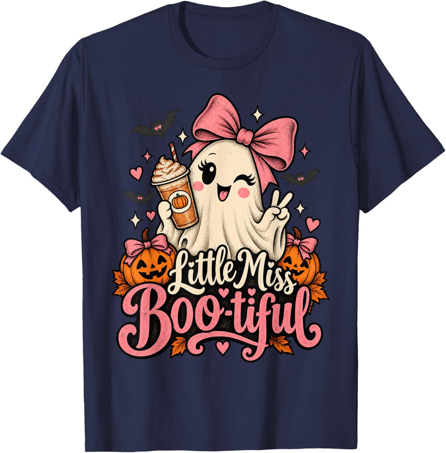 Little Spooky Miss Bootiful Halloween for Kids Girls T-Shirt - Navy Blue