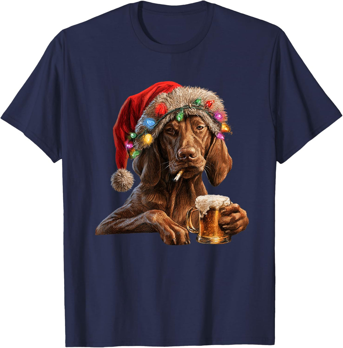 Vizsla Drinking Beer Funny Dog with Santa Hat T-Shirt - Navy Blue