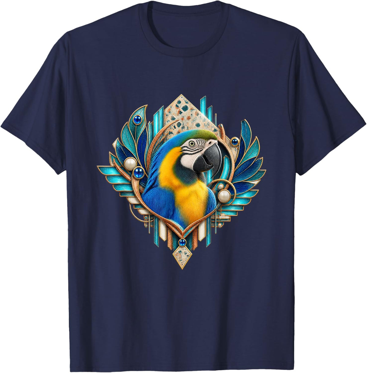 Blue and Gold Macaw in Teal Fan Frame T-Shirt - Navy Blue