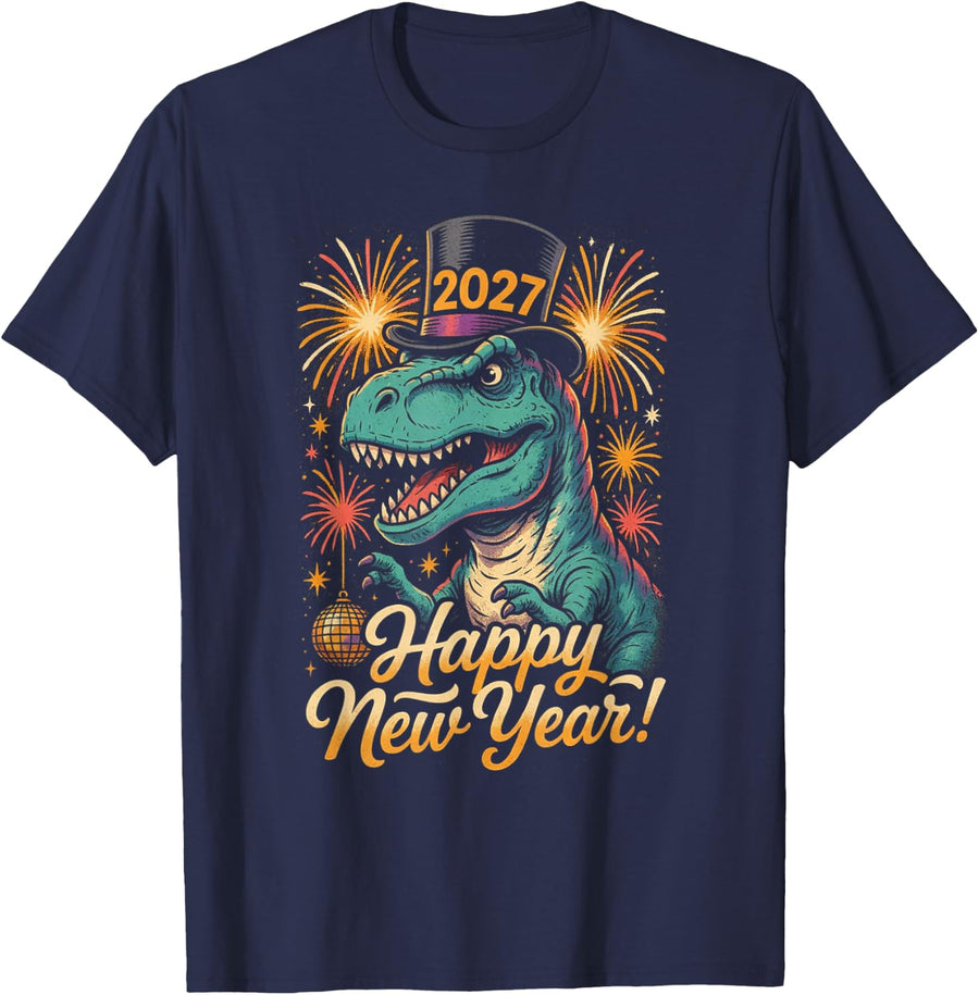 Funny T-Rex Happy New Year 2027 Dinosaur Retro Party T-Shirt - Navy Blue