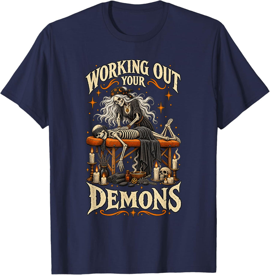 Working Out Your Demons Funny Massage Therapist Skeleton T-Shirt - Navy Blue
