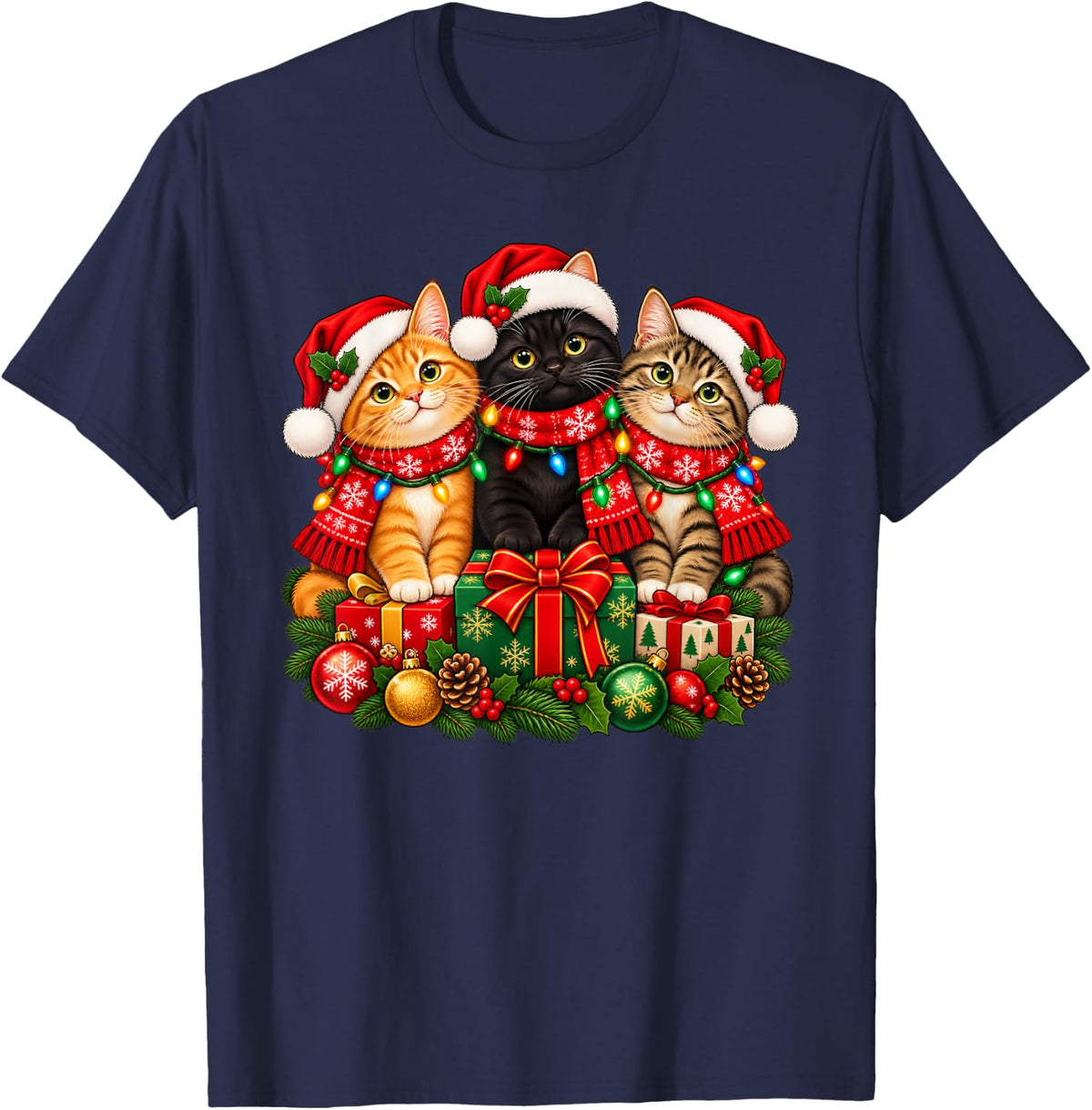 Cat Christmas Xmas T-Shirt - Navy Blue