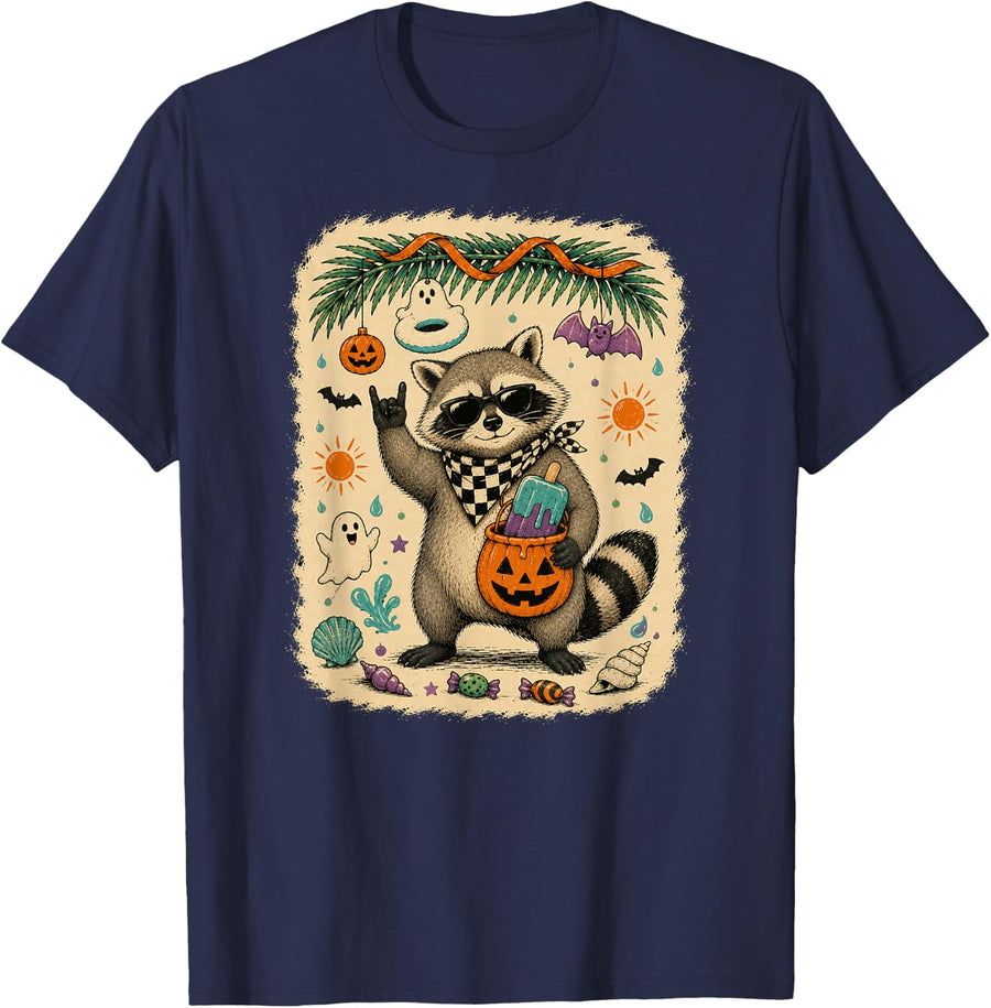 Rocker Raccoon Summerween Funny Trash Panda Spooky Beach T-Shirt - Navy Blue