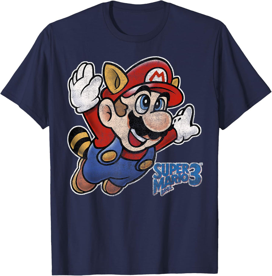 Super Mario Flying Mario Distressed Large Chest Portrait T-Shirt - Navy Blue