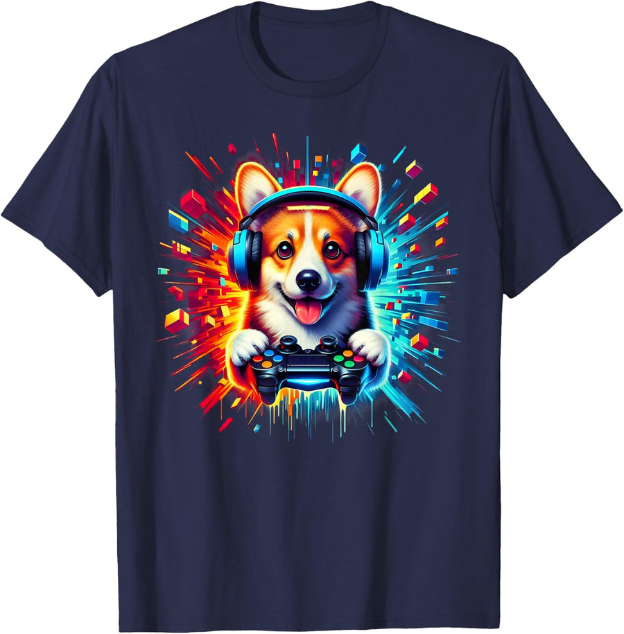 Gaming Corgi Friend Corgi Puppy Gamer Graphic Colorful T-Shirt - Navy Blue