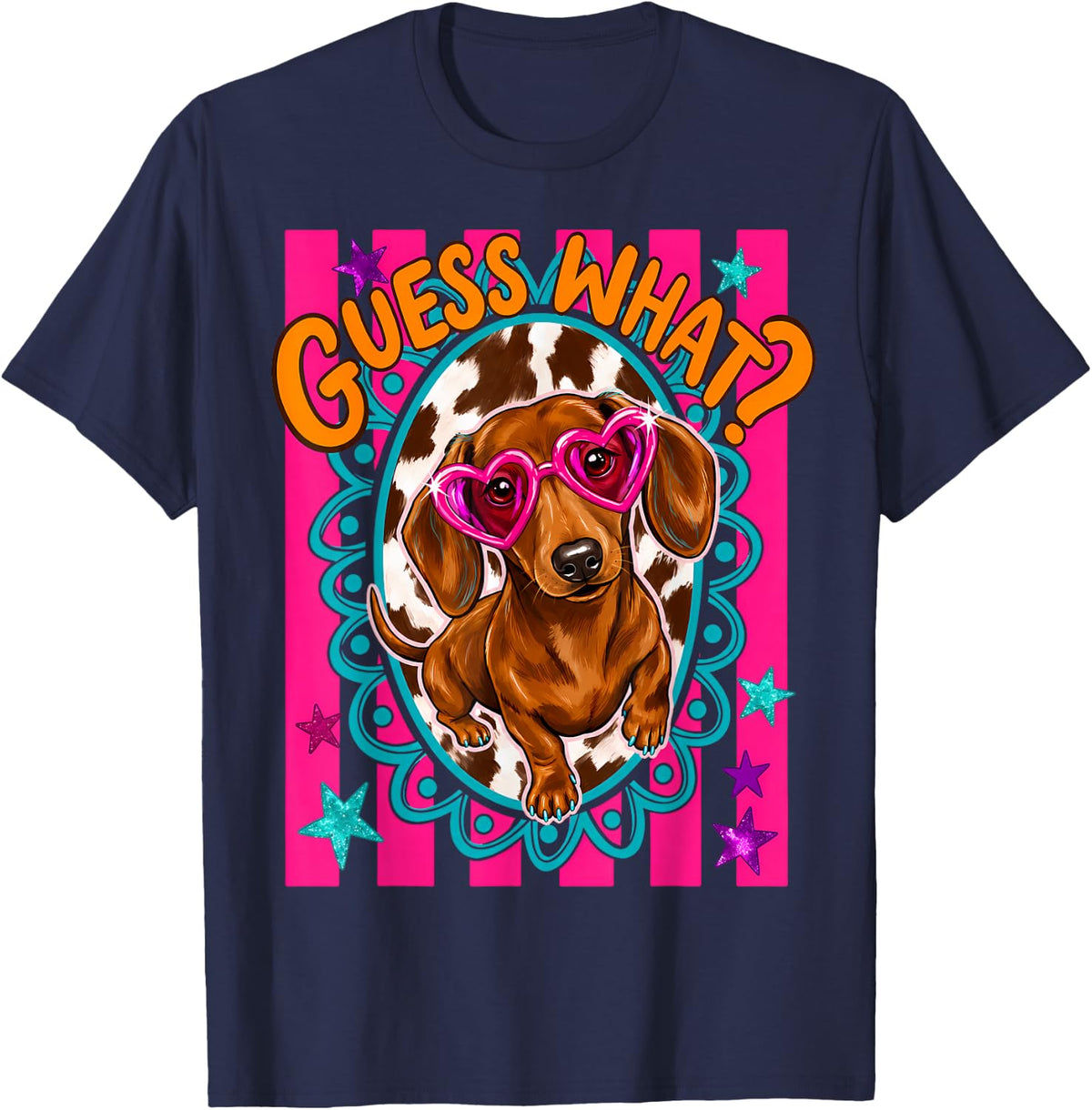 (2 Sided) Guess What Wiener Butt Preppy Funny Dachshund Dog T-Shirt - Navy Blue