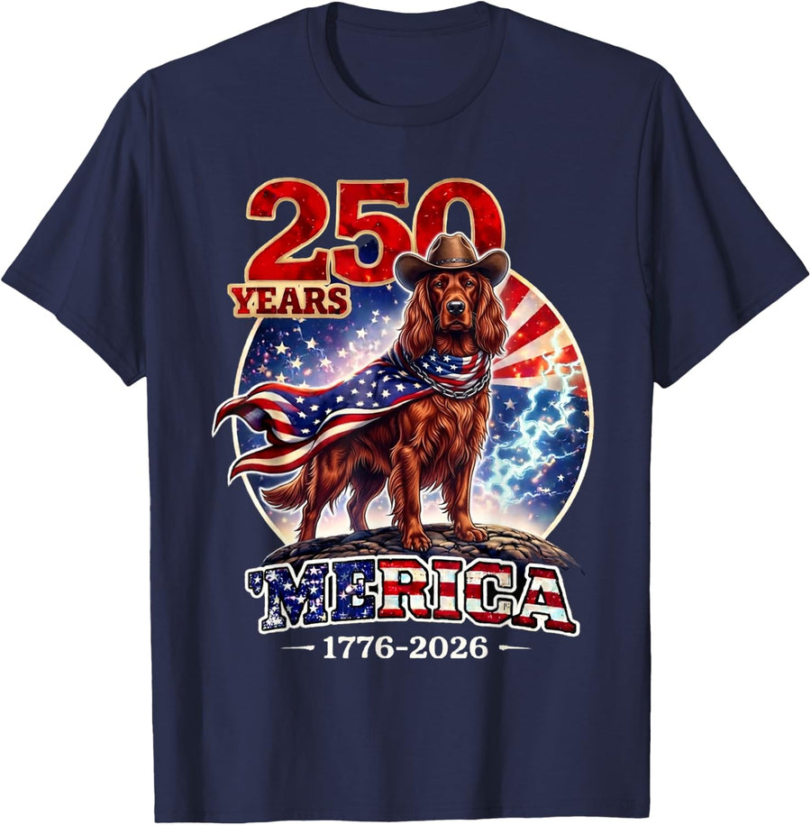 250 Years of Freedom Irish Setter Dog 1776-2026 4th of July T-Shirt - Navy Blue