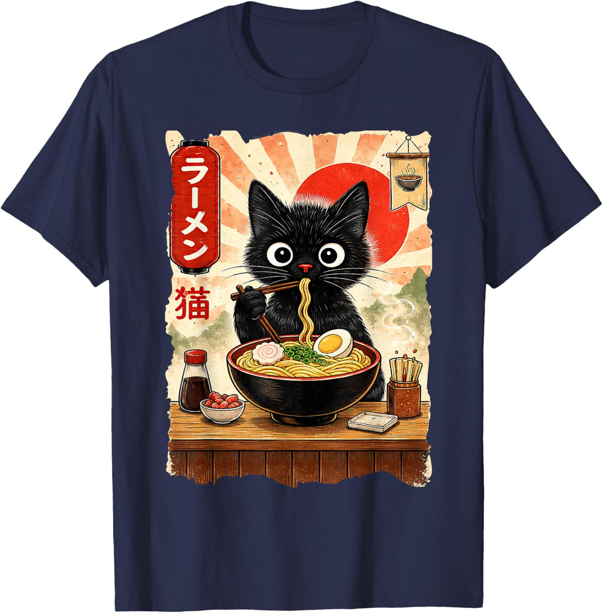 Anime Cat Ramen Japanese Funny Cat Graphic Tees Anime Gifts T-Shirt - Navy Blue