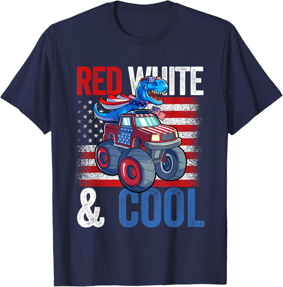 Dinosaur Monster Truck Dino 4th of July Boys American Flag T-Shirt Small - Navy Blue