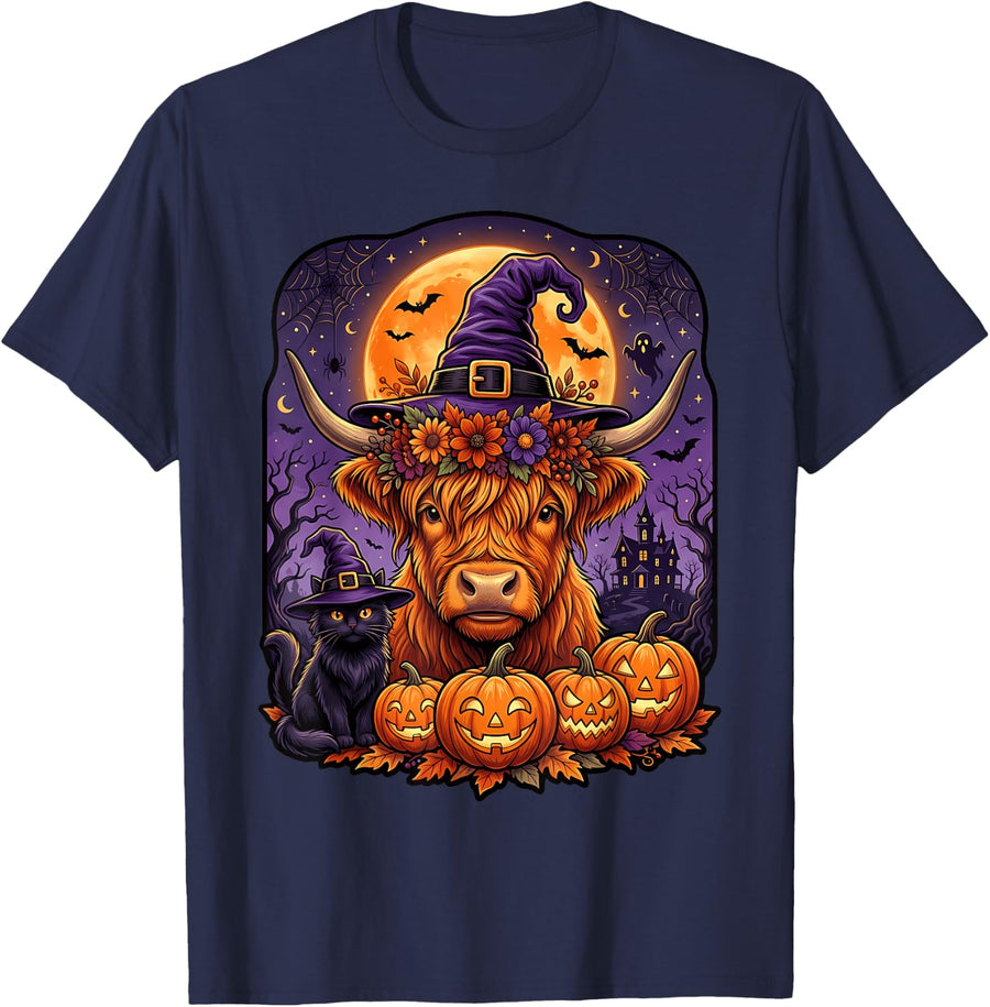 Halloween Highland Cow Pumpkin Spooky Season Costume T-Shirt - Navy Blue
