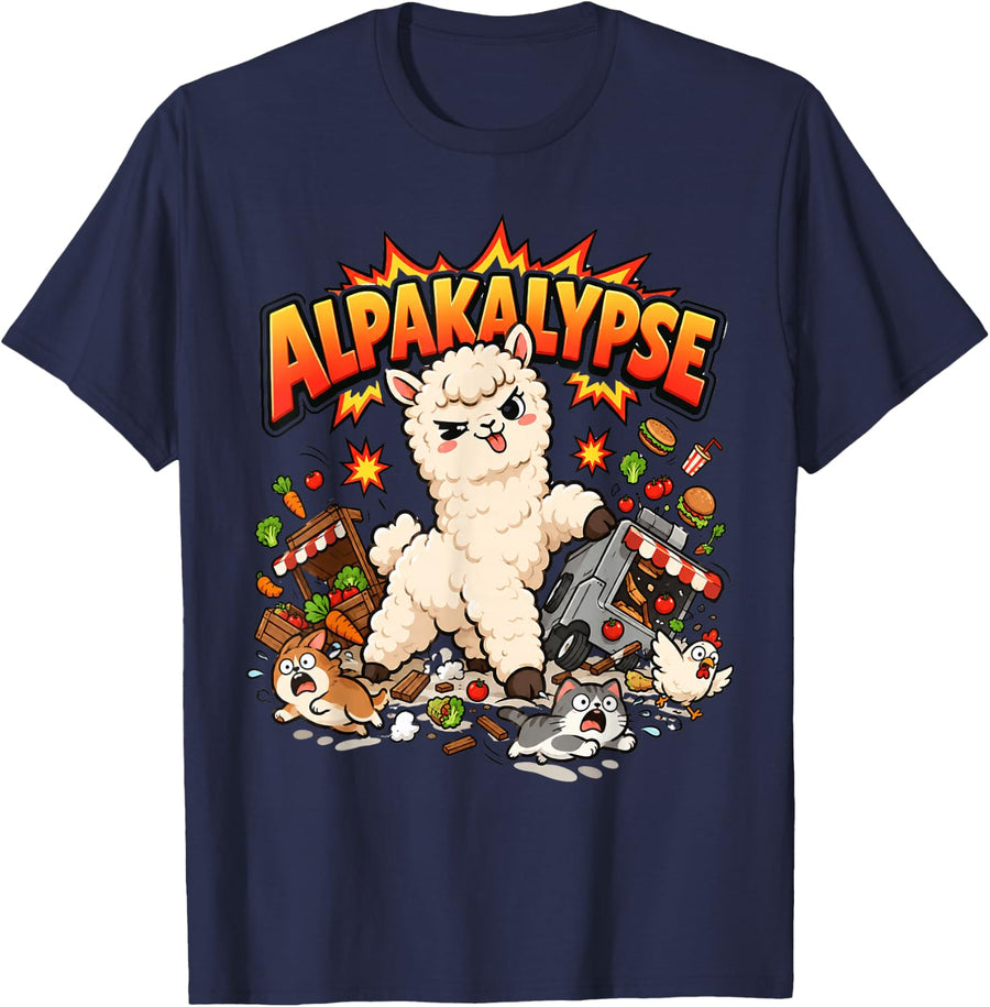 Alpakalypse Funny Alpaca Chaos Pun Animal Humor T-Shirt - Navy Blue