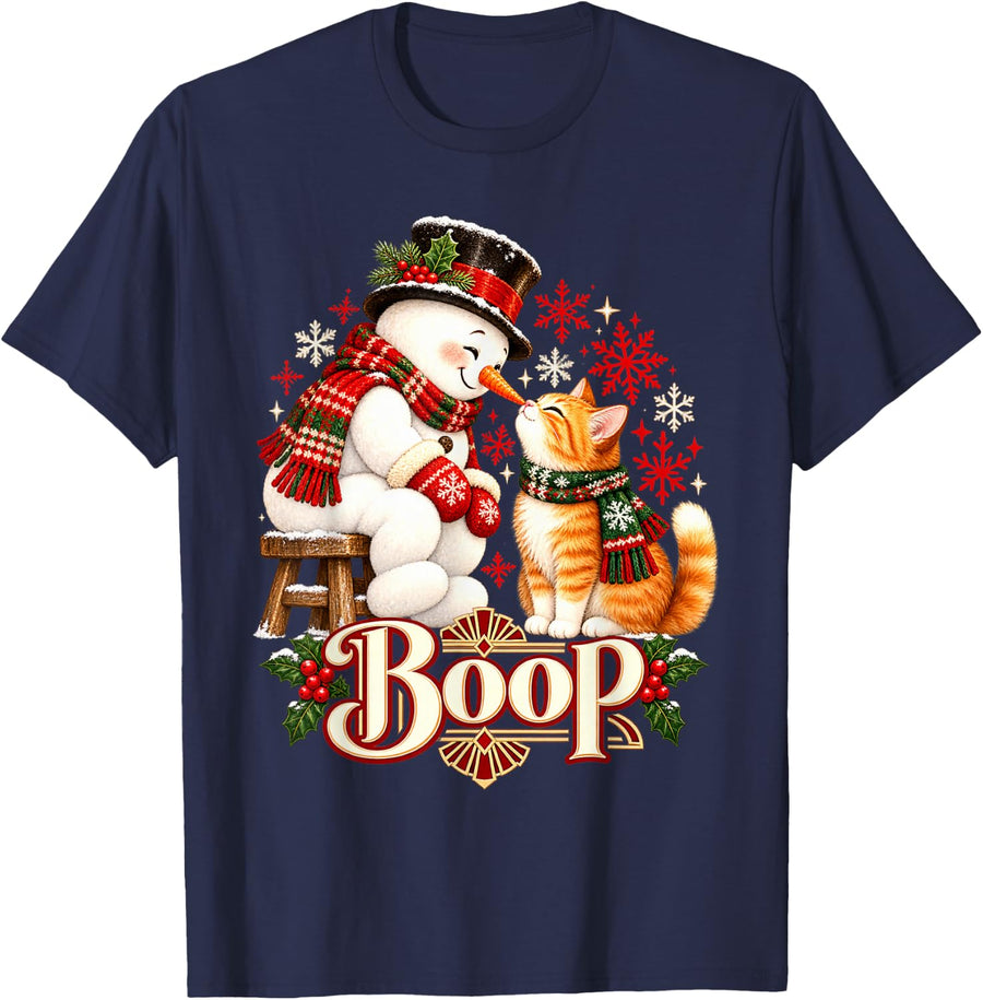 Boop Funny Snowman Orange Cat Christmas Tee T-Shirt - Navy Blue