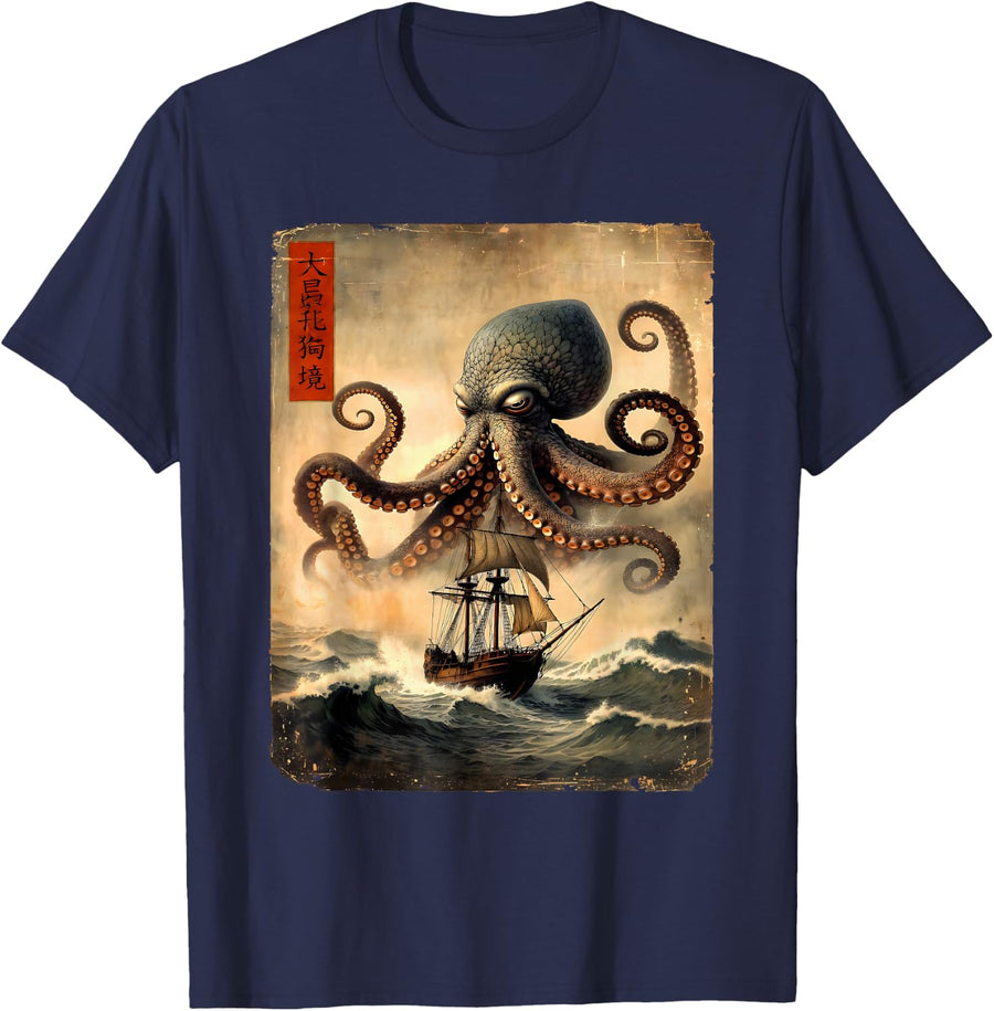 Japanese Sea Monster Kraken Octopus T-Shirt Tee Vintage Kaiju Horror Tees Men Women - Navy Blue