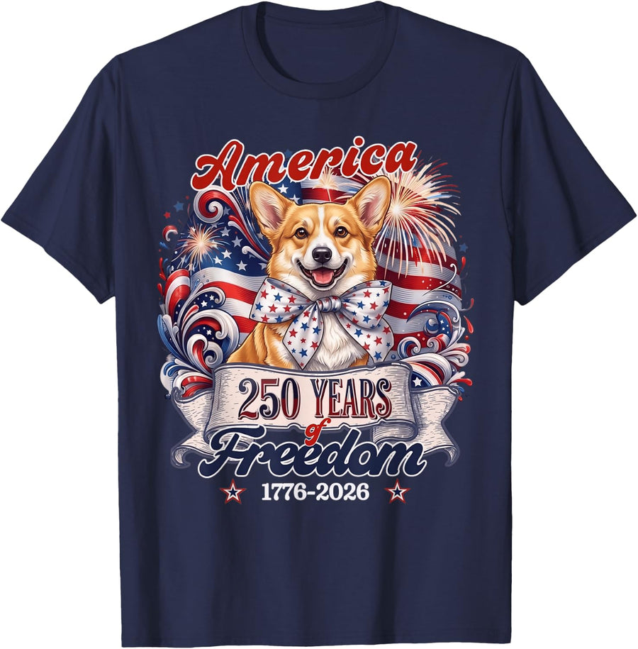 Corgi Dog 250th America Patriotic USA 4th of July T-Shirt - Navy Blue