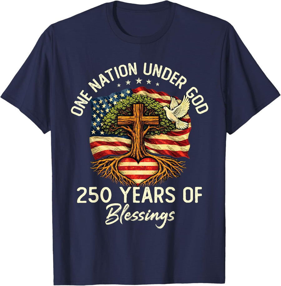 USA 250th Anniversary One Nation Under God Patriotic T-Shirt - Navy Blue