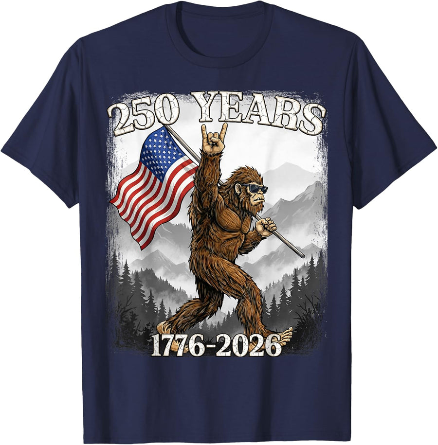 250 Years 1776–2026 Bigfoot & Flag American Patriotic T-Shirt - Navy Blue