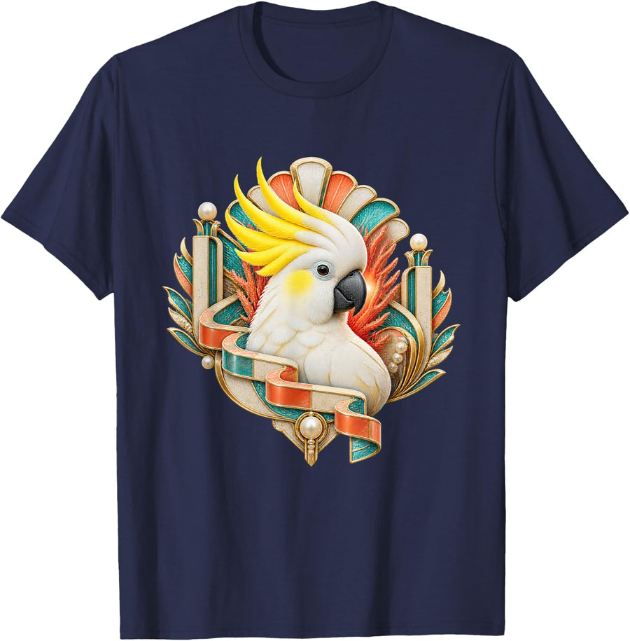 Sulphur-Crested Cockatoo in Coral Deco Fan T-Shirt - Navy Blue