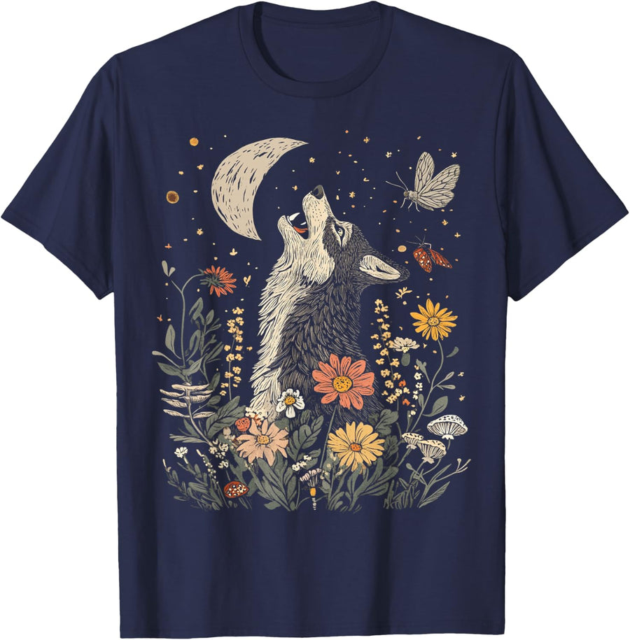 Vintage Cottagecore Aesthetic Full Moon Phase Wolf Howling T-Shirt - Navy Blue