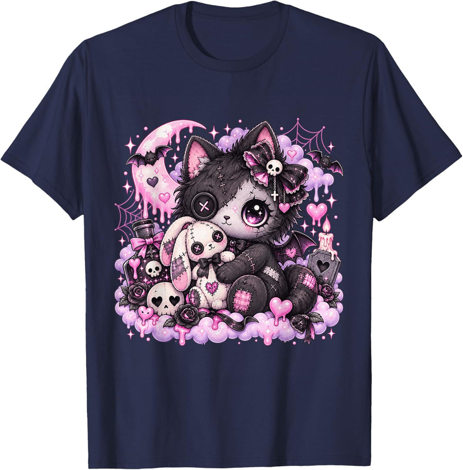 Cute Creepy Cat Bats and Bunny Kawaii Pastel Goth T-Shirt - Navy Blue