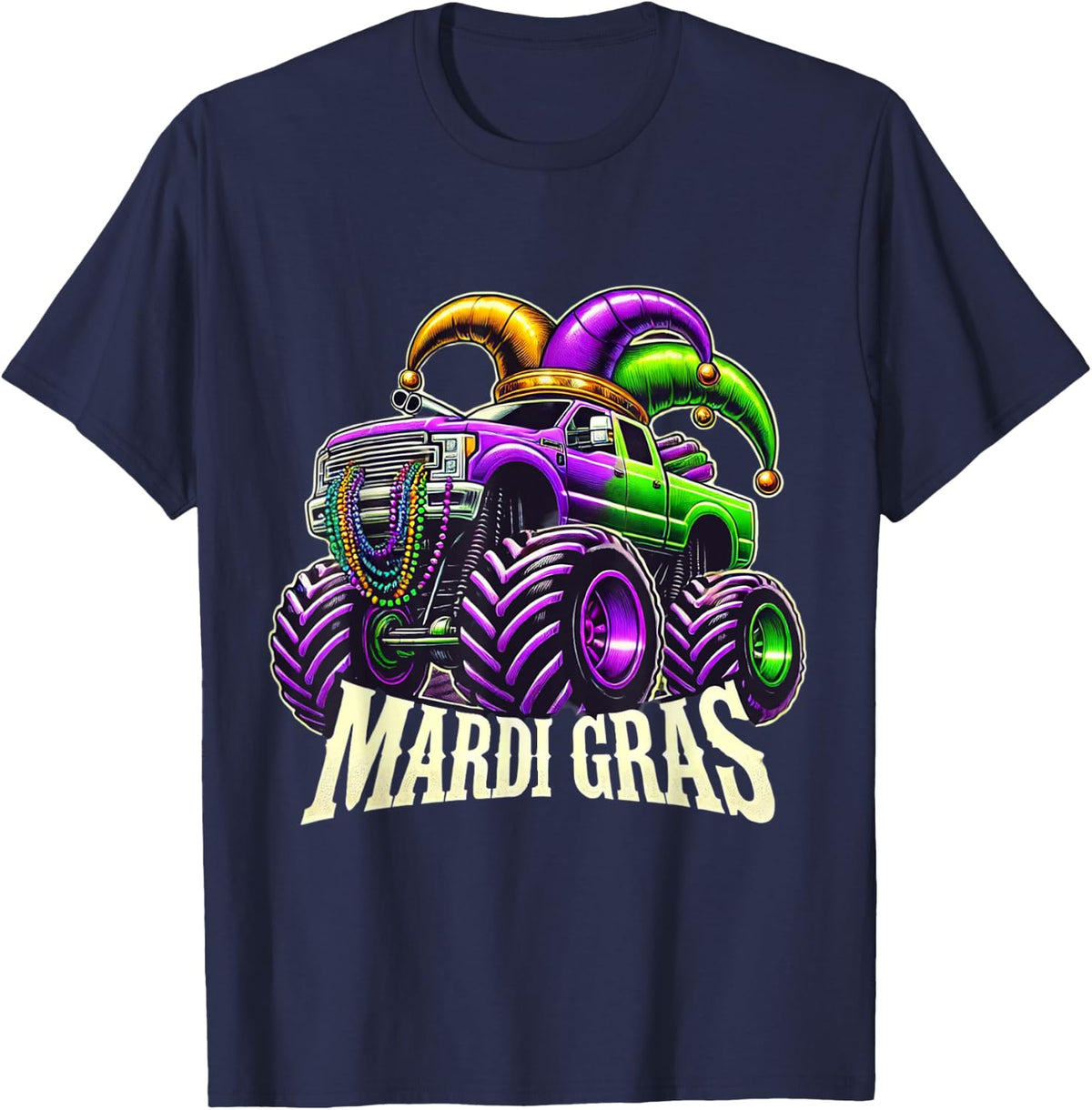 Mardi Gras Monster Truck Jester Carnival Boys Girls T-Shirt - Navy Blue