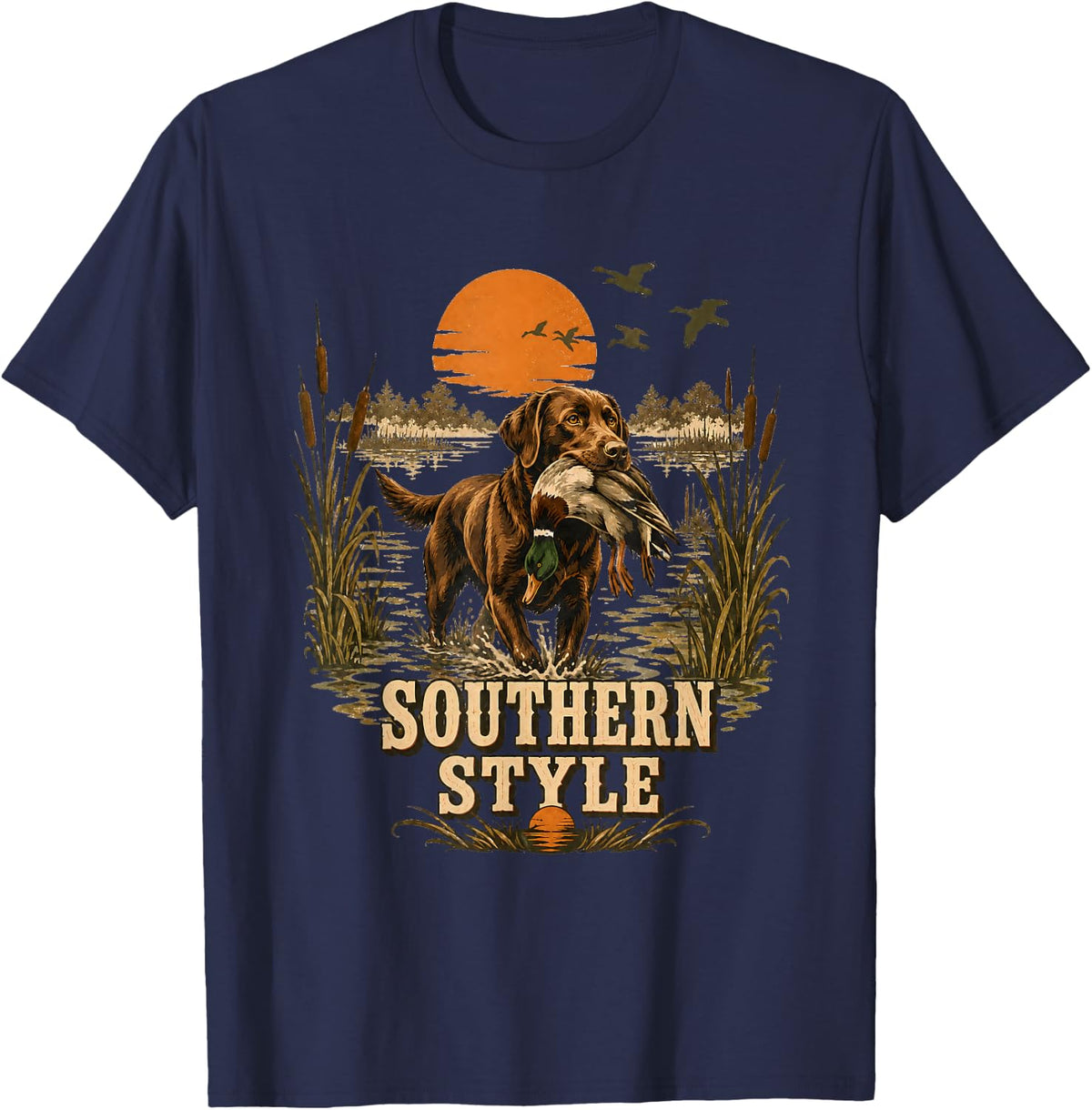 Southern Style Duck Hunting Lab Dog Sunset Cattail Marsh Cam T-Shirt - Navy Blue