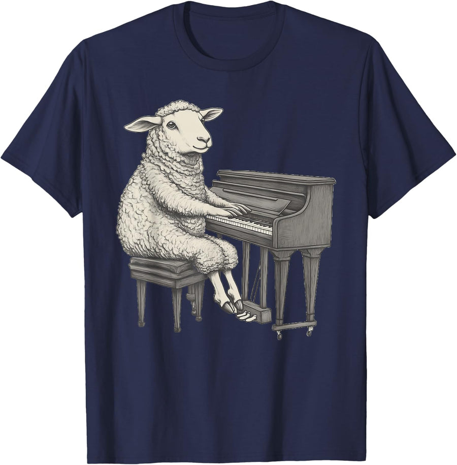 Cute Sheep Playing Piano Musician Music T-Shirt - Navy Blue